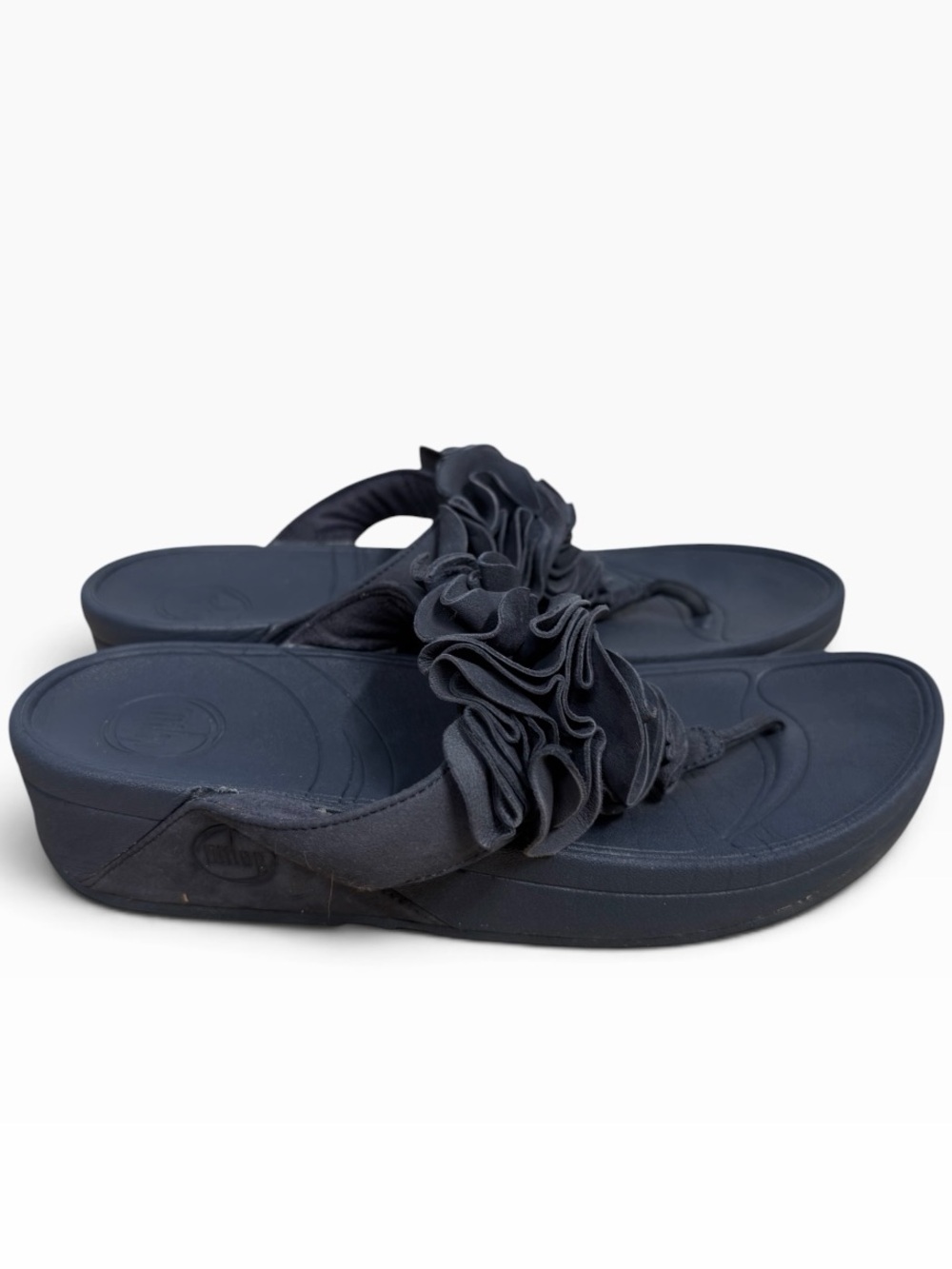 FitFlop Navy Suede Rosette Wedge Thong Sandals Microwobbleboard Womens Size 8